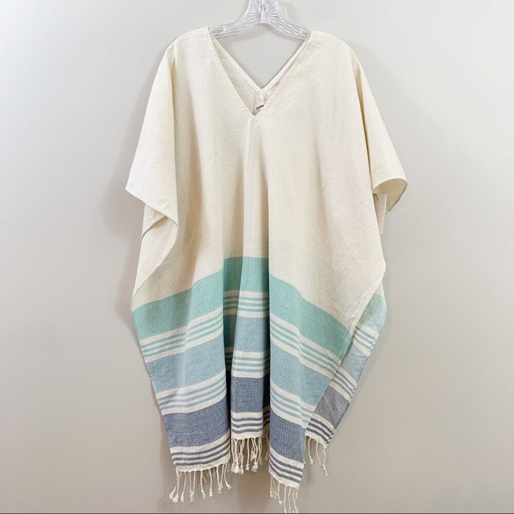 Tribe Alive Fringe Trim V-Neck Striped Cream/Blue Blanket Poncho